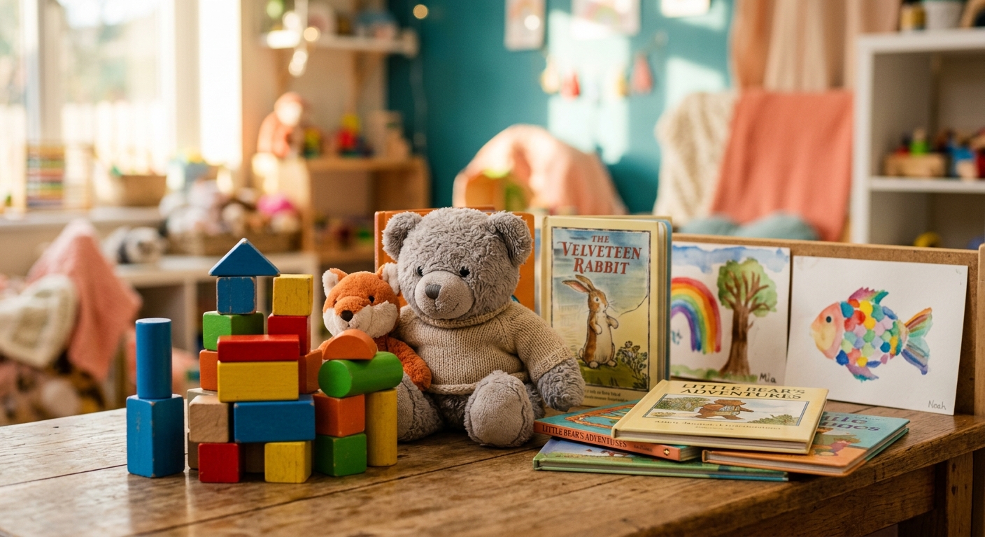 Colorful building blocks, crayons, and picture books in a warm daycare setting