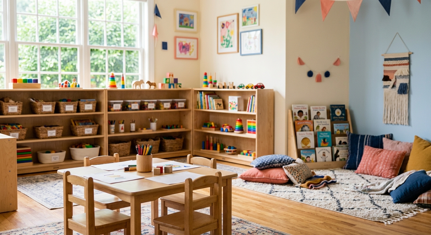 Warm and inviting daycare room with natural light, toys, and books